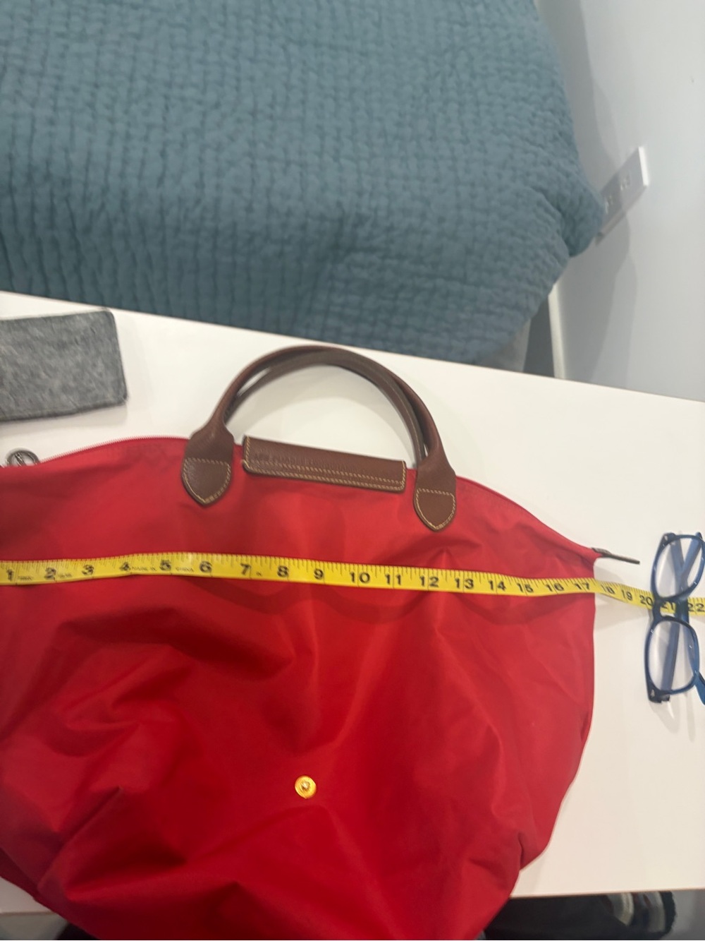 Longchamp Le Pliage Red Nylon Tote Bag with Brown Leather Trim Handle - Picture 11 of 13